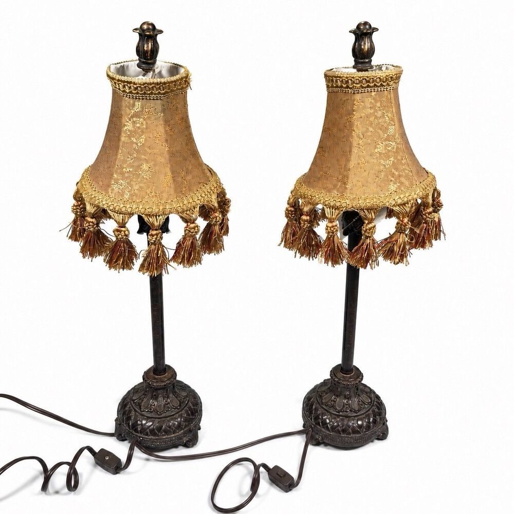 Pair Vintage Style Ornate Buffet Lamps Gold Brocade Bell Tassel Shades 21.5"